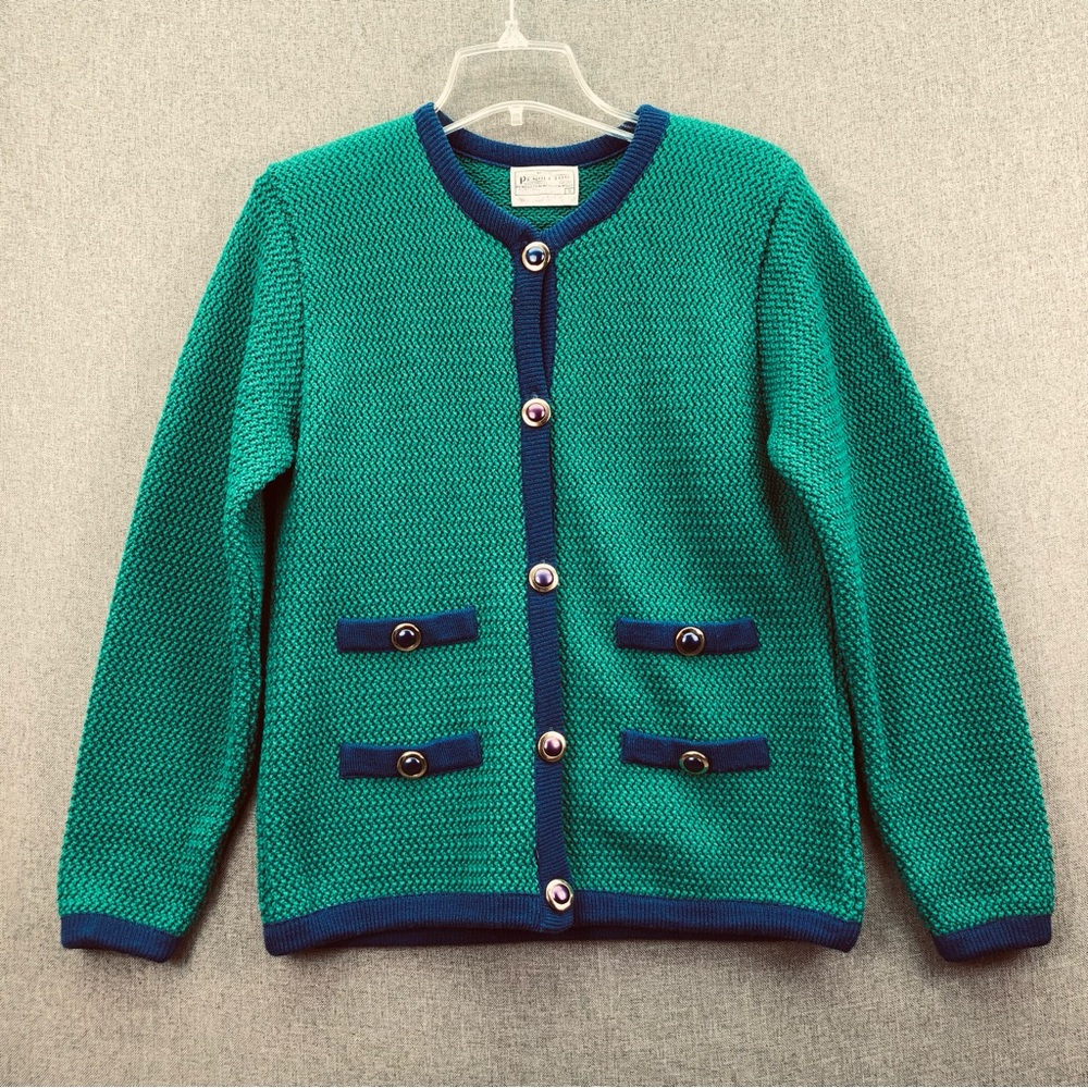 Vintage Miss Pendleton 100% Virgin Wool Green and Blue Trim Sweater Size S